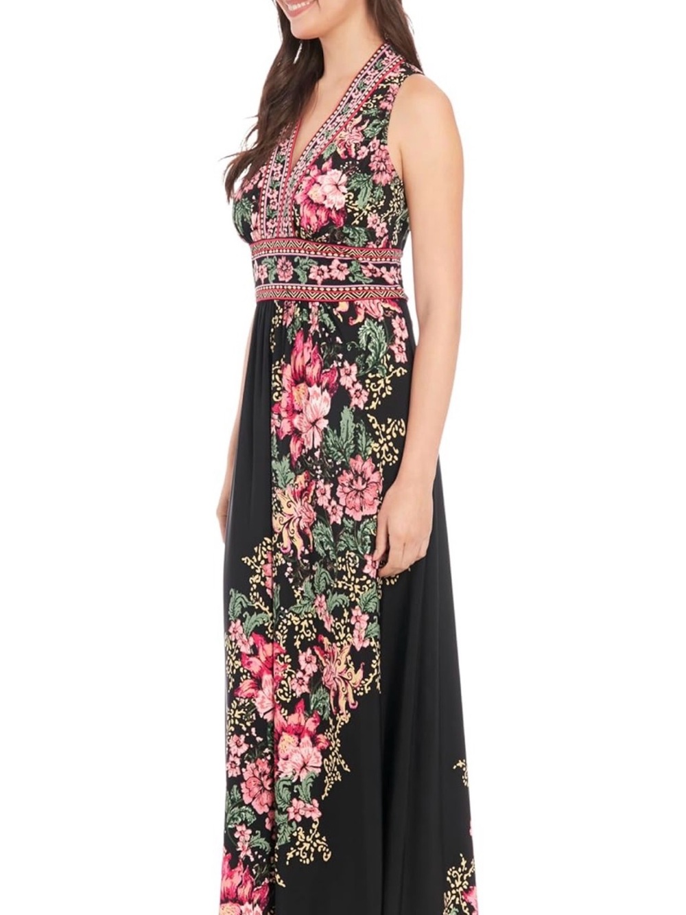 London Times Black Maxi Dress with Pink Floral Print Size 16 - Picture 3 of 17
